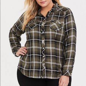 Torrid Olive Green Twill Plaid Flannel Shirt